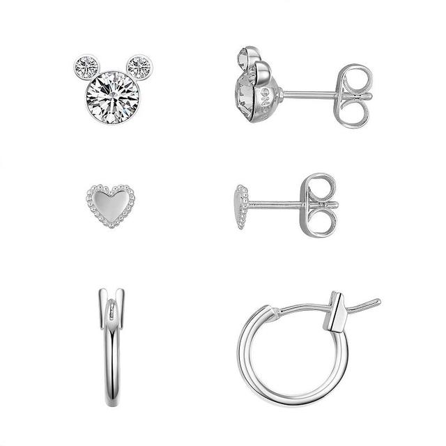 Disneys Mickey Mouse Crystal, Heart & Hoop Earring Trio Set, Womens, Silver Tone Product Image