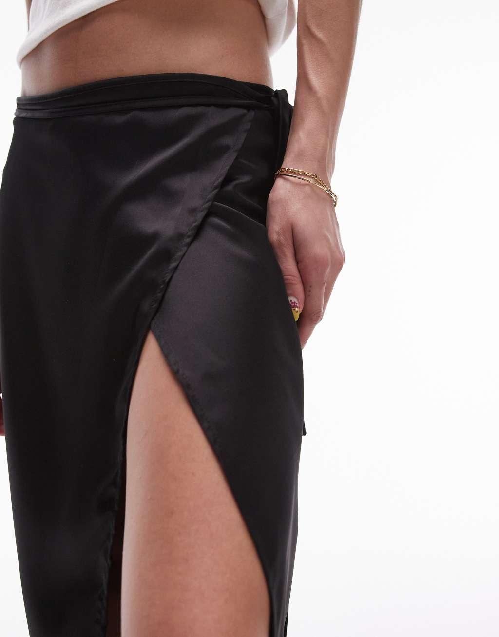 Topshop satin bias cut midi skirt in black Product Image