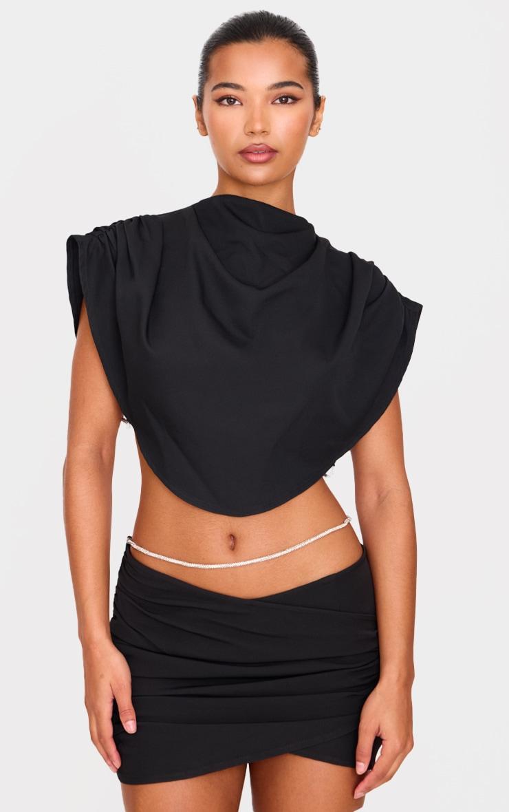 Black Woven Diamante Draped Front High Neck Top Product Image