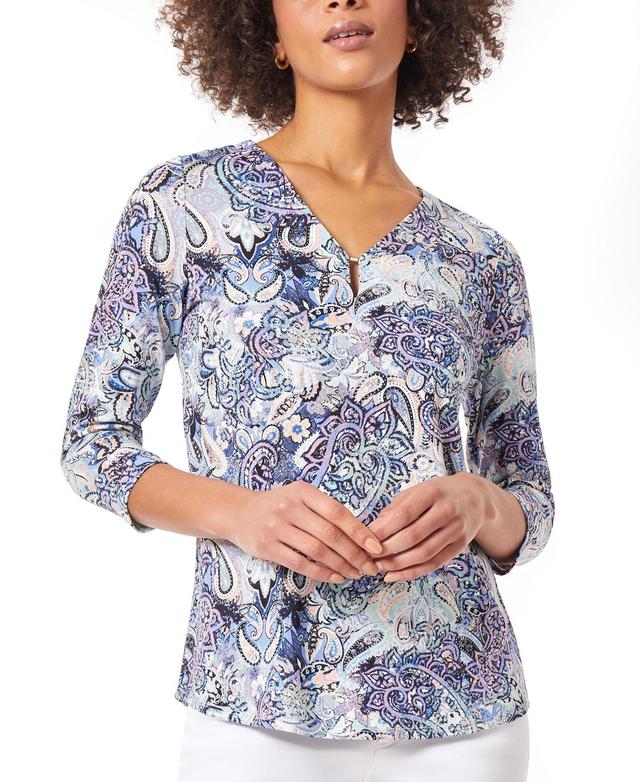 Jones New York Womens Paisley-Print Moss Crepe Embellished-Neck Top - Jones Blk/ Product Image