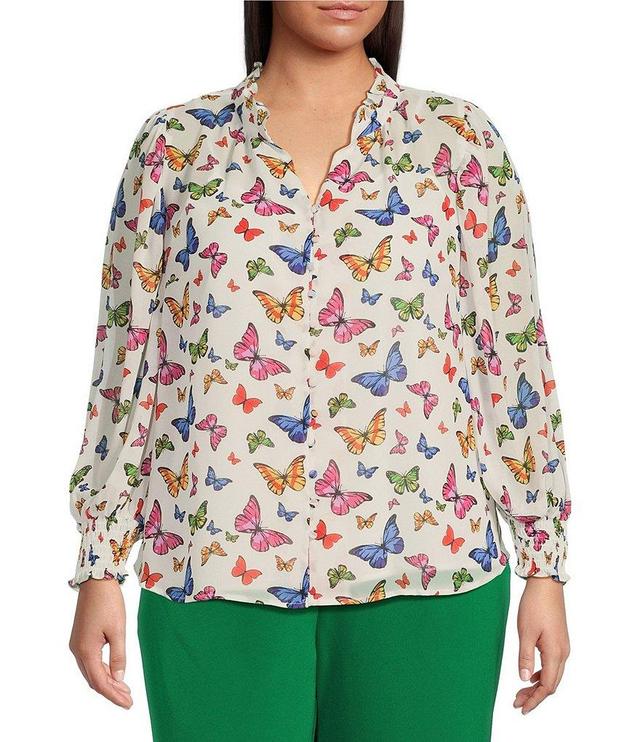 Sugarlips Plus Size Butterfly Print Split V-Neck Long Sleeve Blouse Product Image