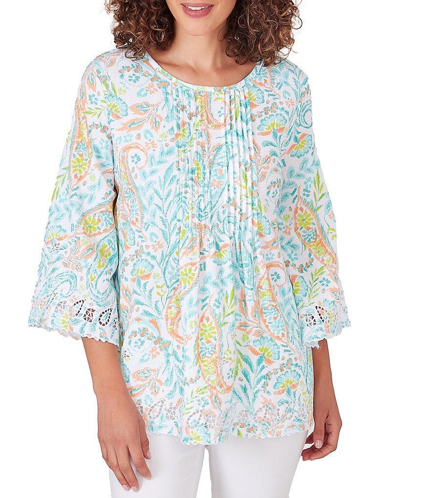 Ruby Rd. Petite Size Knit Ikat Paisley Crew Neck 3/4 Sleeve Embroidered Top Product Image