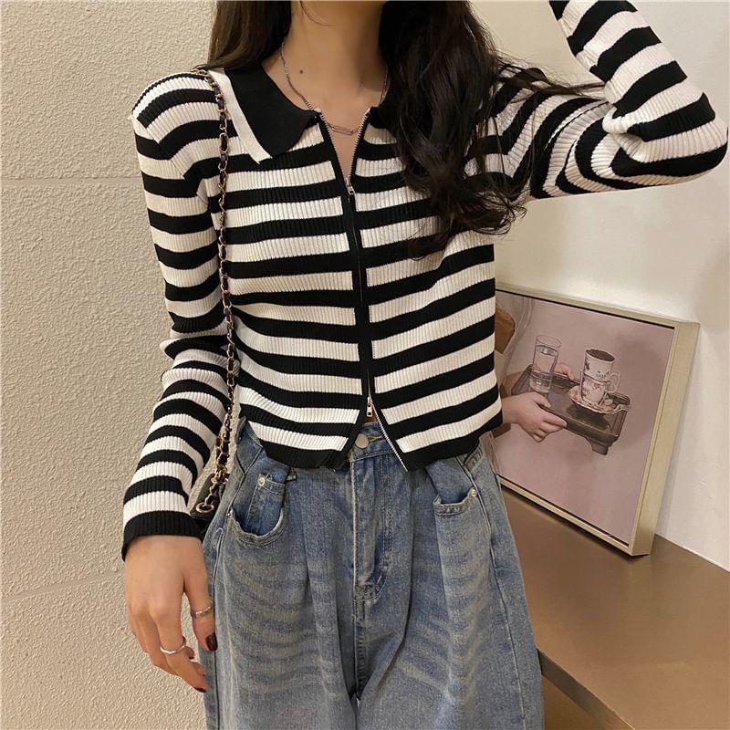 Collared Striped Zip-Up Cardigan Product Image