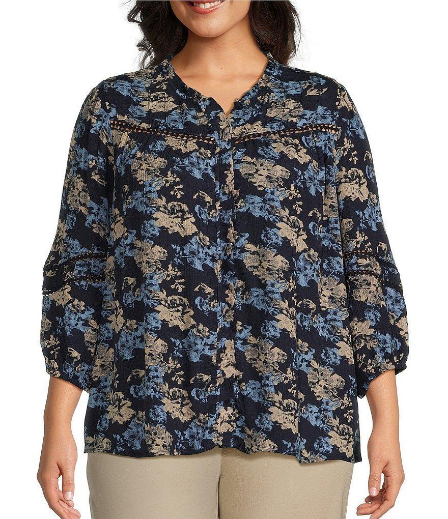 Intro Plus Size Crinkle Gauze Textured Floral Print Split V-Neck 3/4 Sleeve Lace Inset Pleated Peasant Top Product Image