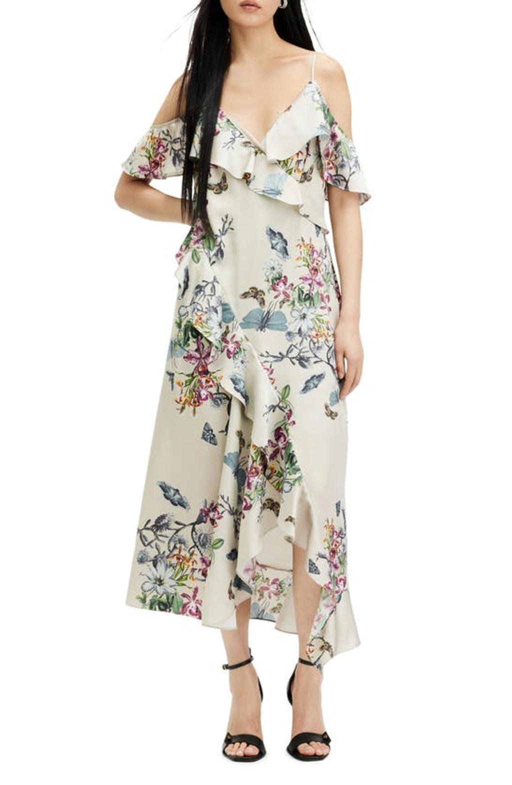 Orion Sanibel Floral Cold Shoulder High-low Dress In Taupe Grey Product Image