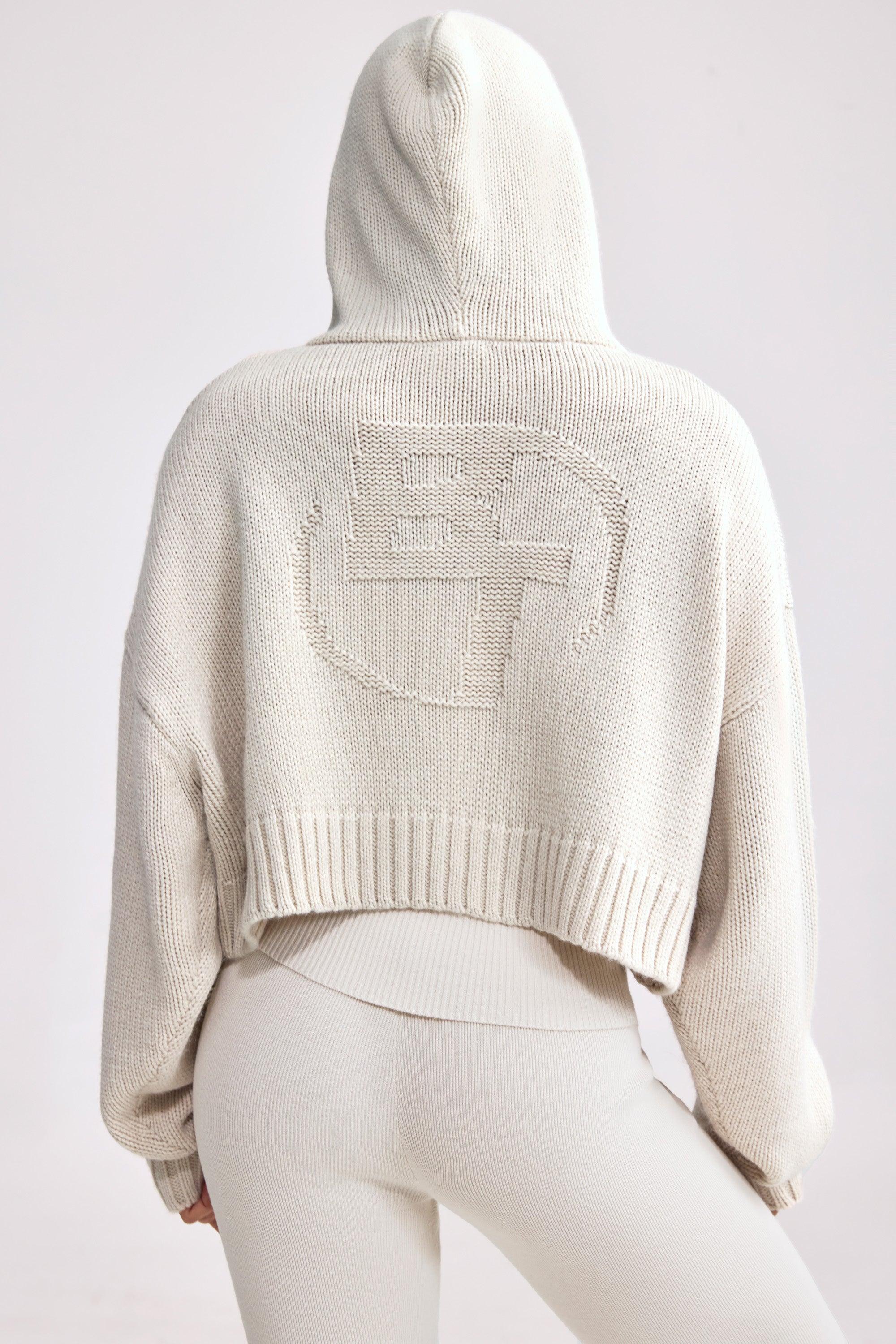 Cropped Zip-Up Chunky Knit Hoodie in Cream Product Image