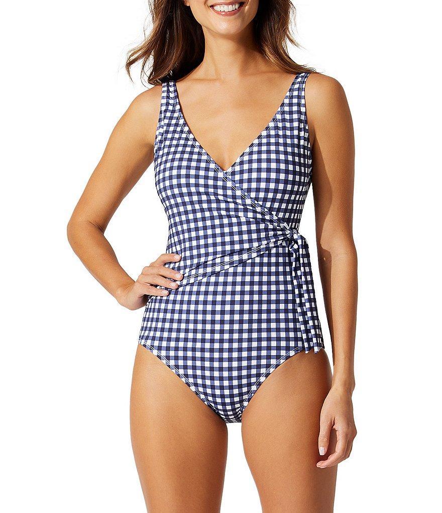 Tommy Bahama Summer Floral Gingham Surplice V-Neck Wrap Tie One Piece Swimsuit Product Image