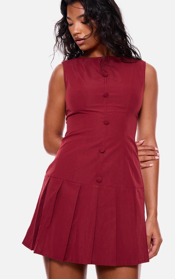 Burgundy Button Down Pleated Hem Shift Dress Product Image