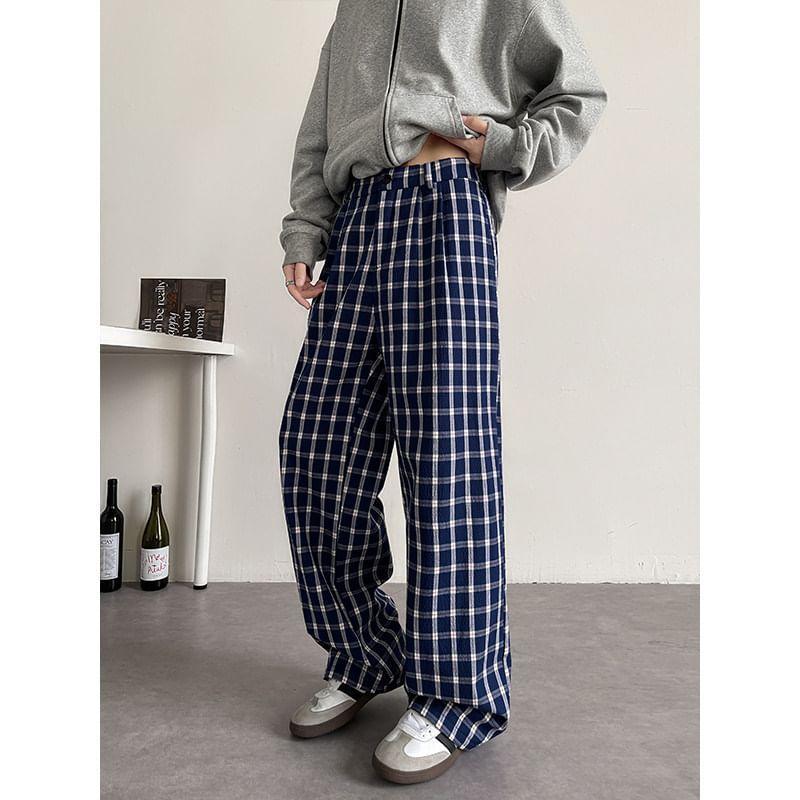 Mid Rise Plaid Fleece-Lined Straight Leg Pants Product Image