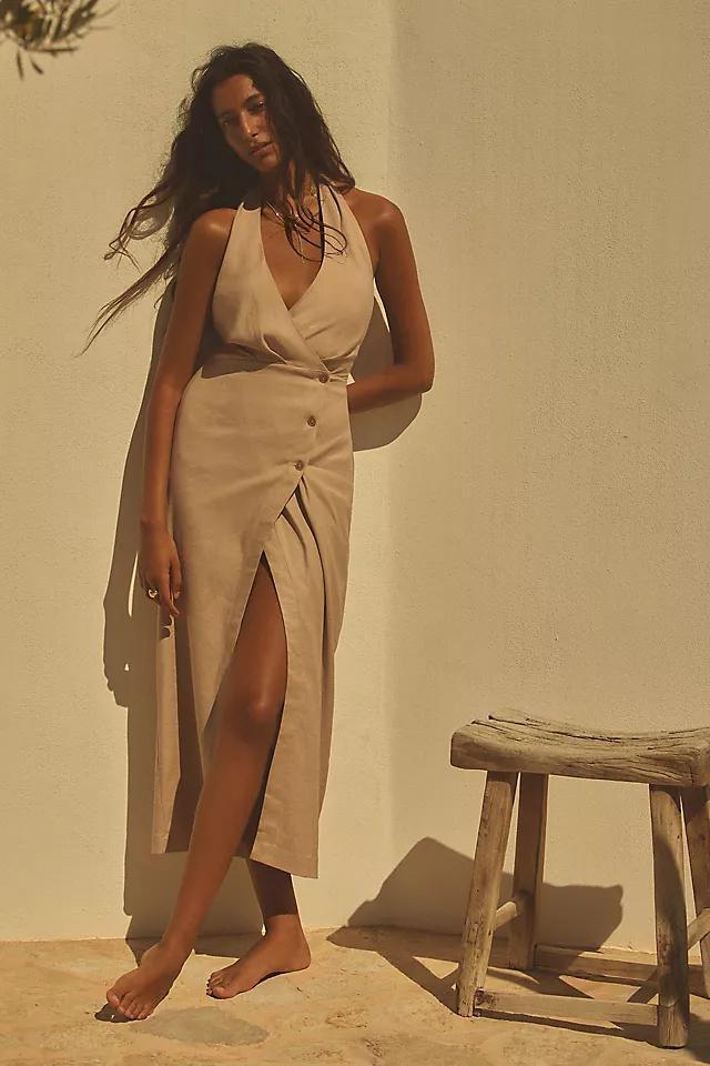 By Anthropologie Linen Halter V-Neck Column Midi Dress Product Image