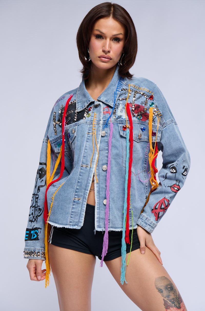 LOST IN THE CITY STUDDED YARN APPLIQUE DENIM JACKET Product Image