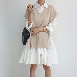 Long-Sleeve Plain Mini Shirtdress / V-Neck Plain Knit Sweater Vest Product Image