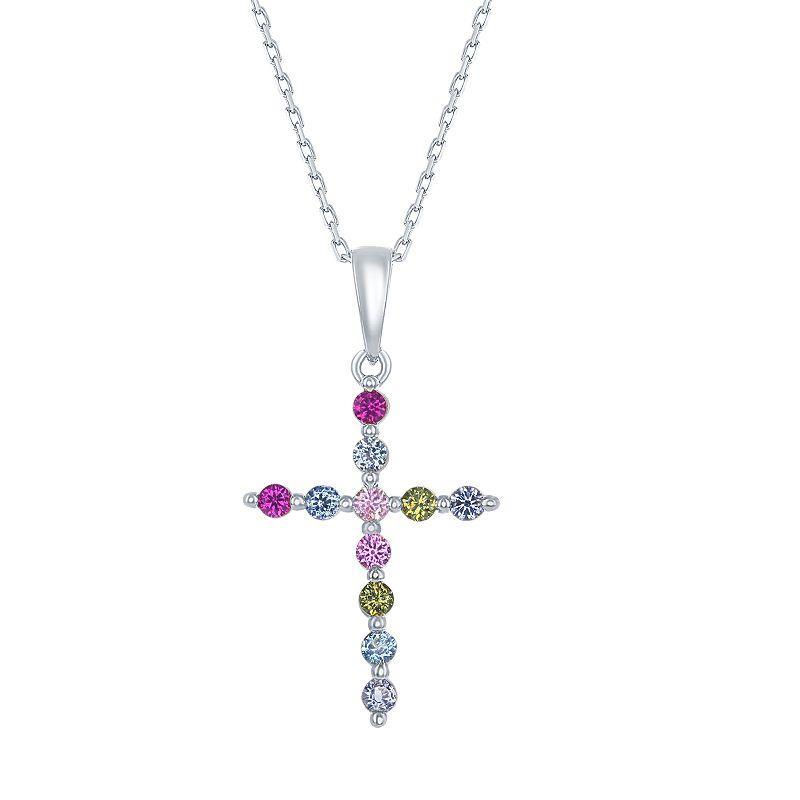 Sterling Silver Rainbow Cubic Zirconia Cross Pendant Necklace, Womens Product Image