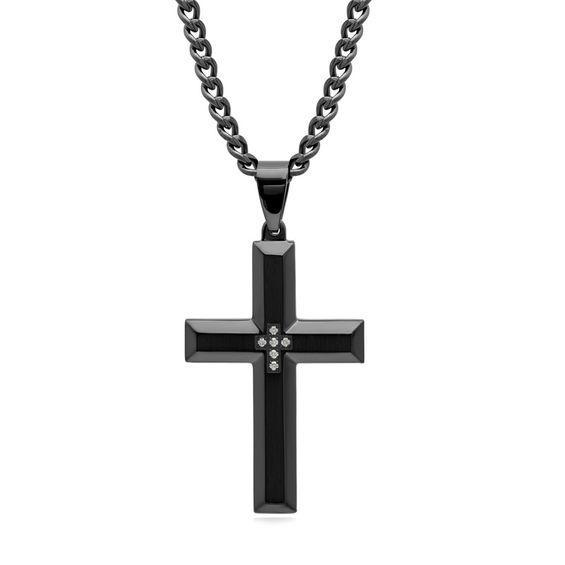 Men's Diamond Accent Bevelled Edge Satin Cross Pendant in Stainless Steel with Black IP - 24" Product Image