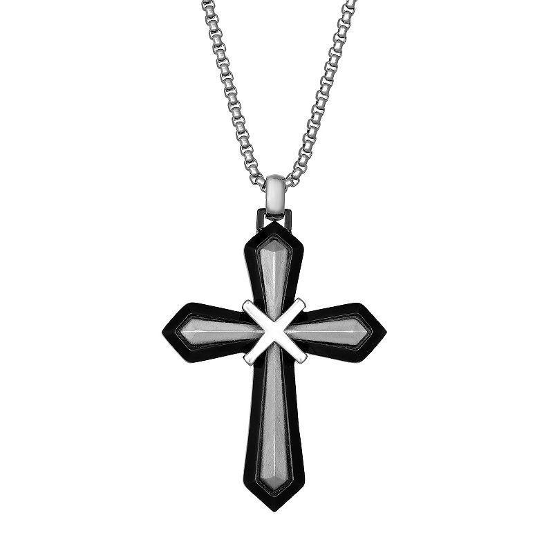 Mens LYNX Two Tone Stainless Steel Cross Pendant Necklace Black Product Image