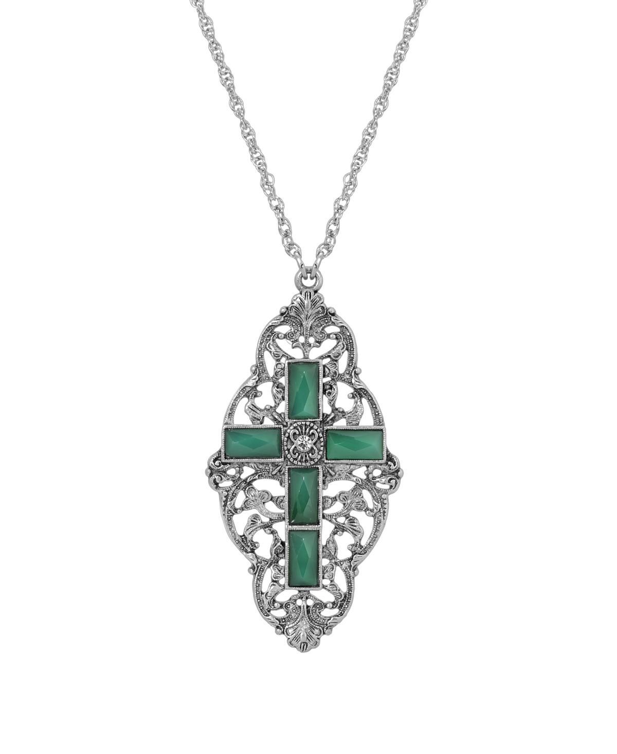 Symbols of Faith Silver Tone Filigree Simulated Crystal Cross Necklace, Womens, Green Product Image