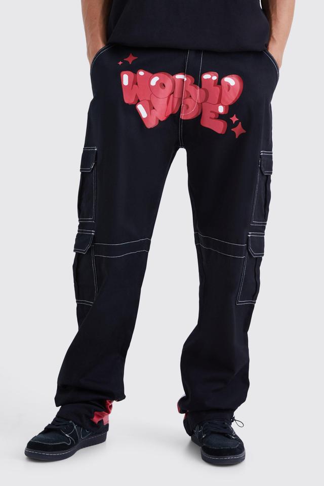 Tall Relaxed Cargo Graffiti Print Pants | boohooMAN USA Product Image