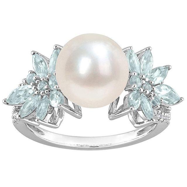 Stella Grace 14k White Gold Freshwater Cultured Pearl, Aquamarine & 1/8 Carat T.W Diamond Flower Ring, Womens Multicolor Product Image