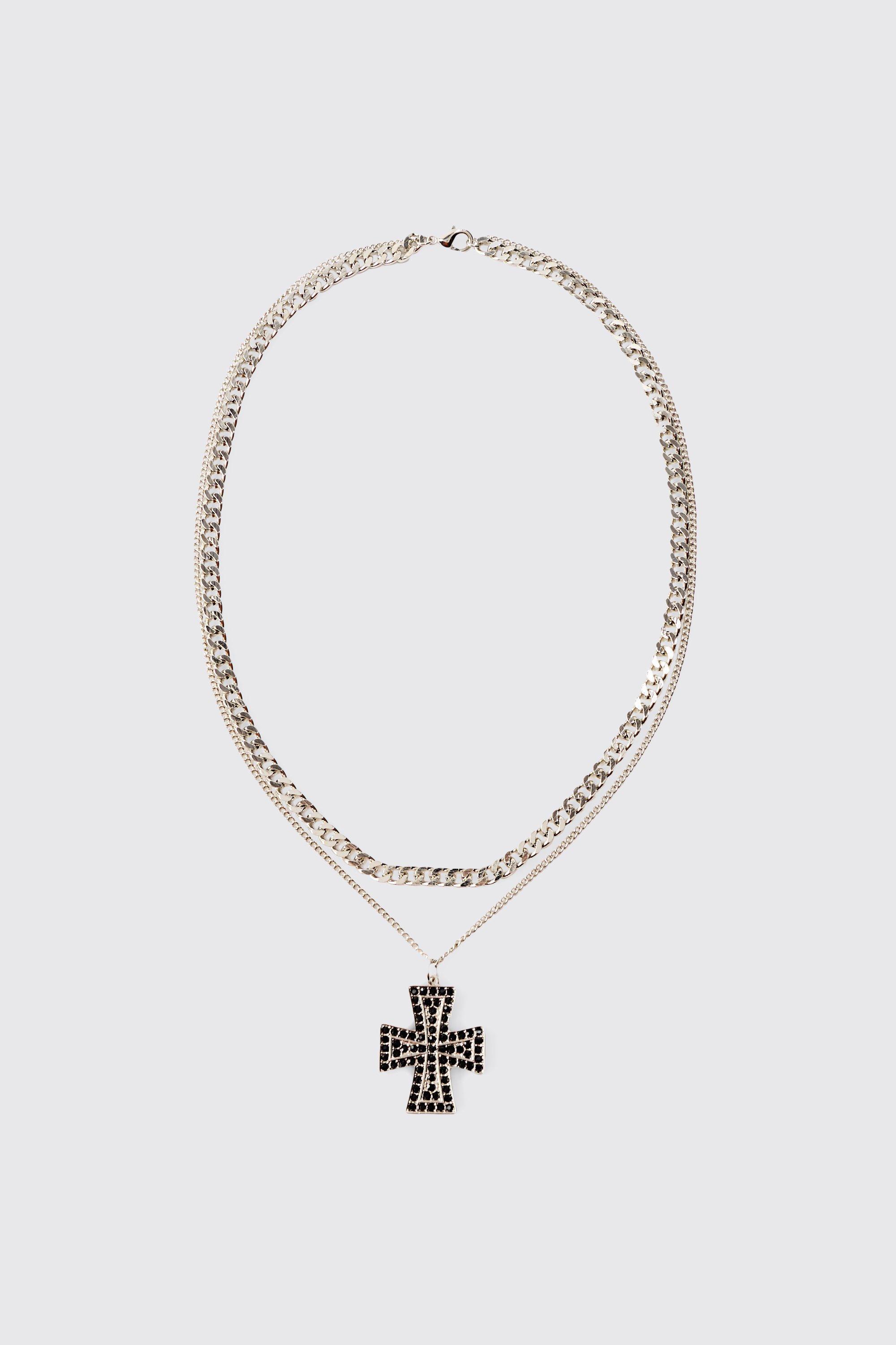 Iced Cross Pendant Double Chain Necklace In Silver | boohooMAN USA Product Image