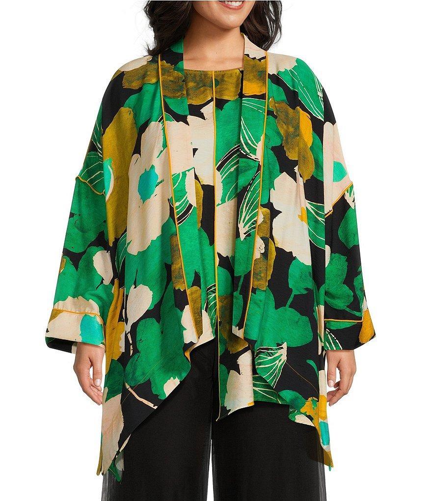 IC Collection Plus Size Floral Print Woven 3/4 Sleeve Open Front Kimono Jacket Product Image