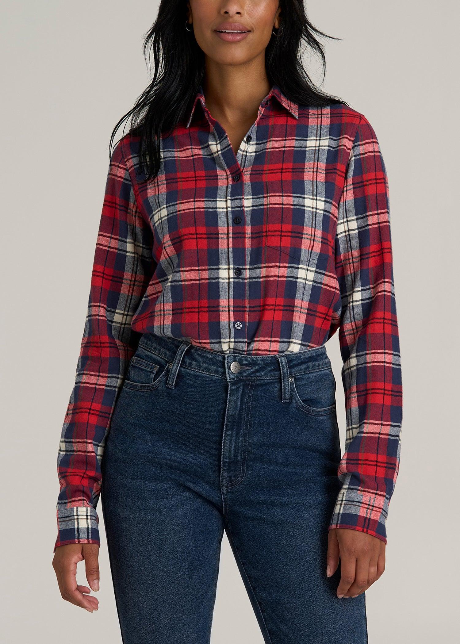 Flannel Button-Up Shirt for Tall Women in Rich Red Plaid Female Product Image