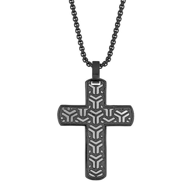 Mens LYNX Two-Tone Stainless Steel Patterned Cross Pendant Necklace Product Image