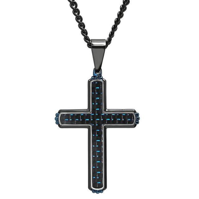 Mens Stainless Steel Two-Tone Carbon Fiber Inlay Cross Pendant Silvertone Product Image