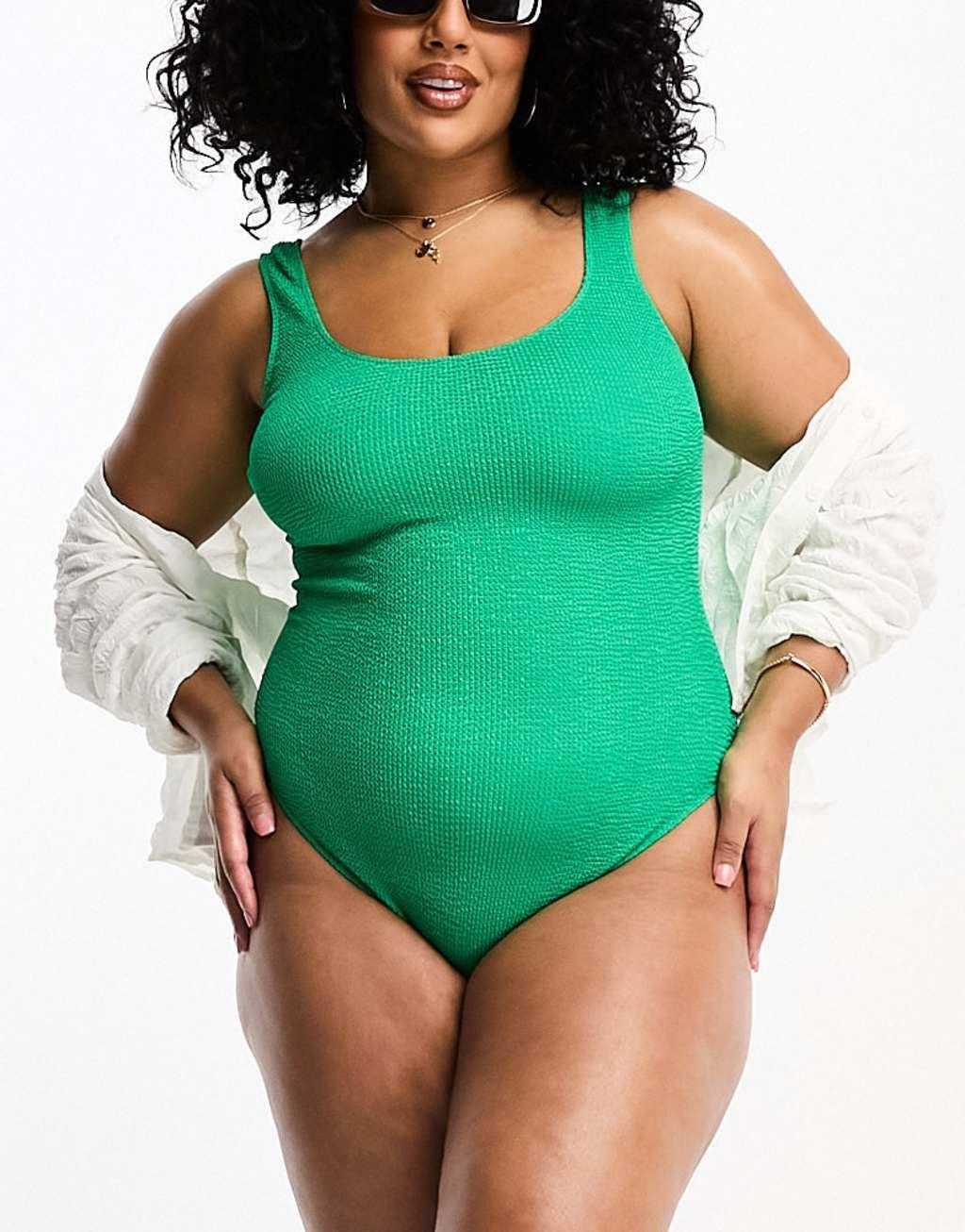 ASOS DESIGN Curve crinkle scoop low back swimsuit in jewel green Product Image