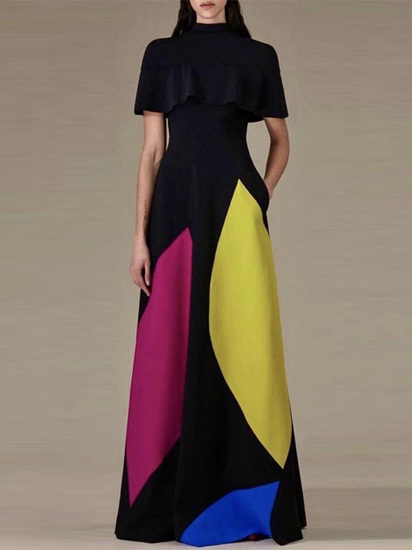 Loose Short Sleeves Contrast Color Stand Collar Maxi Dresses Product Image