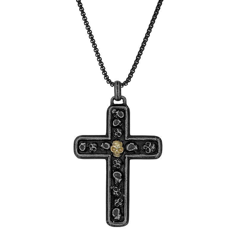 Mens LYNX Black & Gold Tone Ion Plated Stainless Steel Skull Cross Pendant Necklace Multicolor Product Image