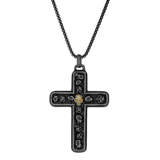 Mens LYNX Black & Gold Tone Ion Plated Stainless Steel Skull Cross Pendant Necklace Multicolor Product Image