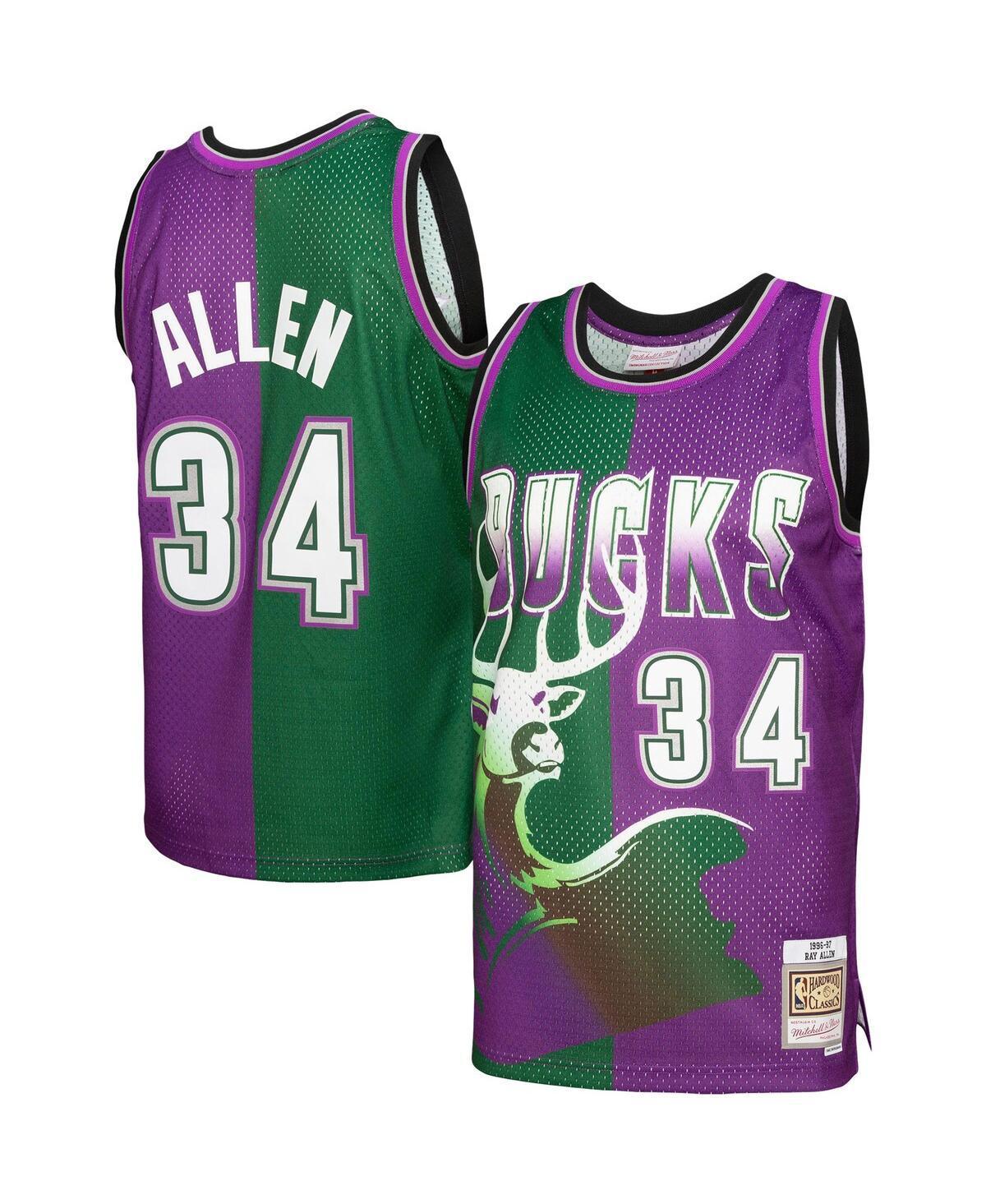 Mens Mitchell & Ness Ray Allen Green, Purple Milwaukee Bucks Hardwood Classics 1996-97 Split Swingman Jersey - Green, Purple Product Image