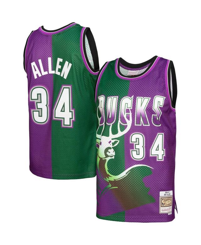 Mens Mitchell & Ness Ray Allen Green, Purple Milwaukee Bucks Hardwood Classics 1996-97 Split Swingman Jersey - Green, Purple Product Image