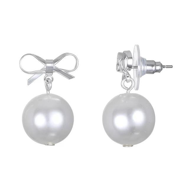 Emberly Silver Tone Bow Simulated Pearl Drop Earrings, Womens, White Product Image