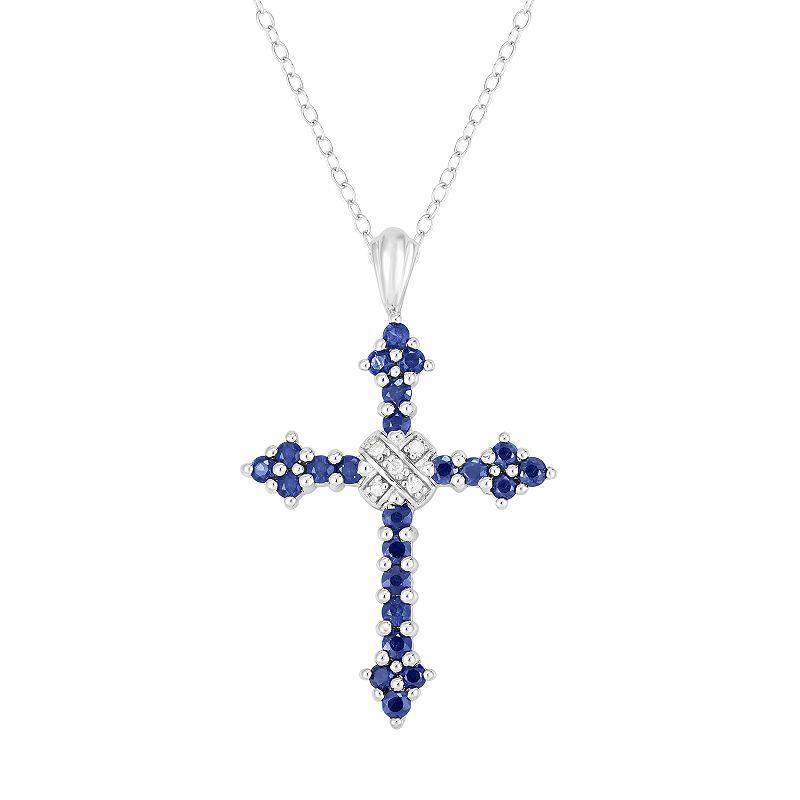 Sterling Silver 9/10 Carat T.W. Gemstone & Diamond Accent Cross Pendant Necklace, Womens Blue Blue Product Image