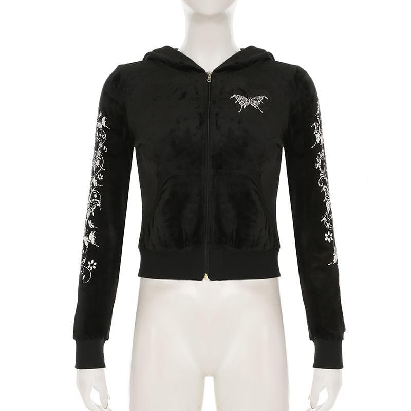 Butterfly Print Zip-Up Velvet Crop Hoodie Product Image