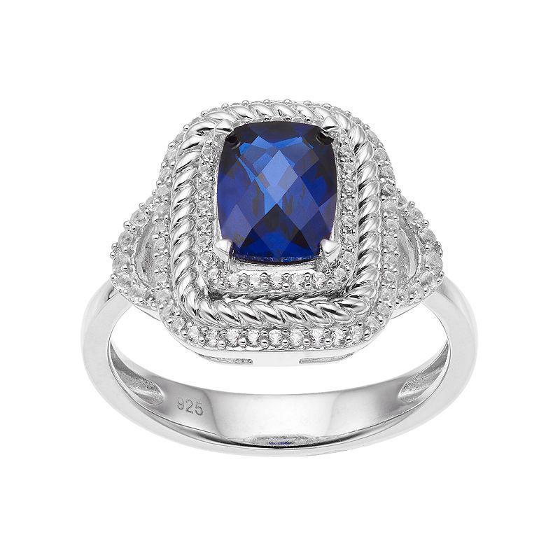 Sterling Silver Lab-Created Blue & White Sapphire Halo Ring, Womens Product Image