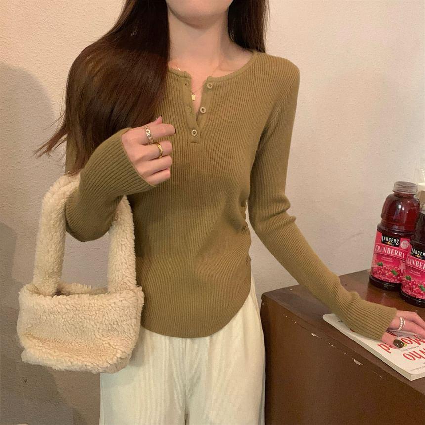 Long-Sleeve Crewneck Henley Plain Knit Top Product Image