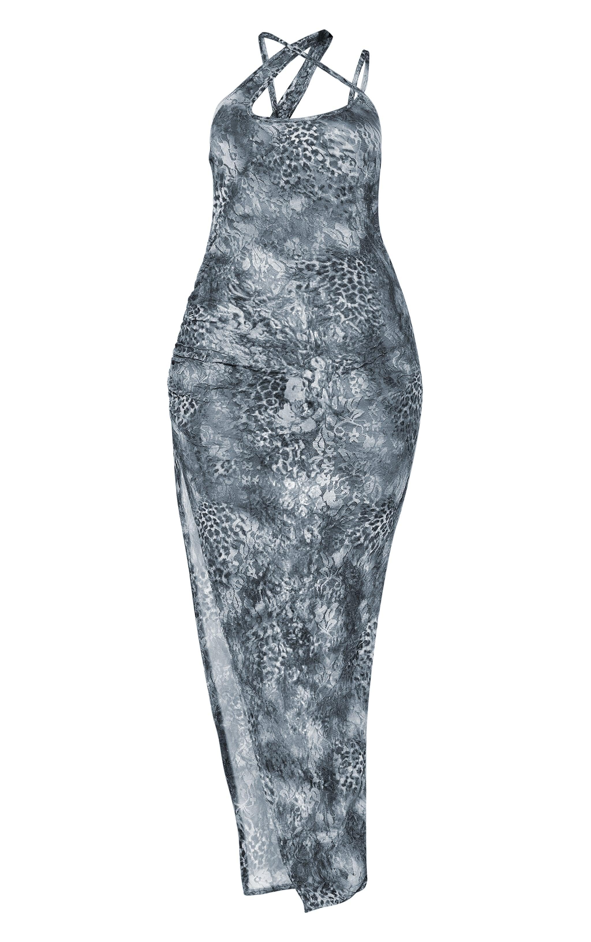 Petite Grey Floral Crushed Lace Ruched Detail Maxi Dress Product Image