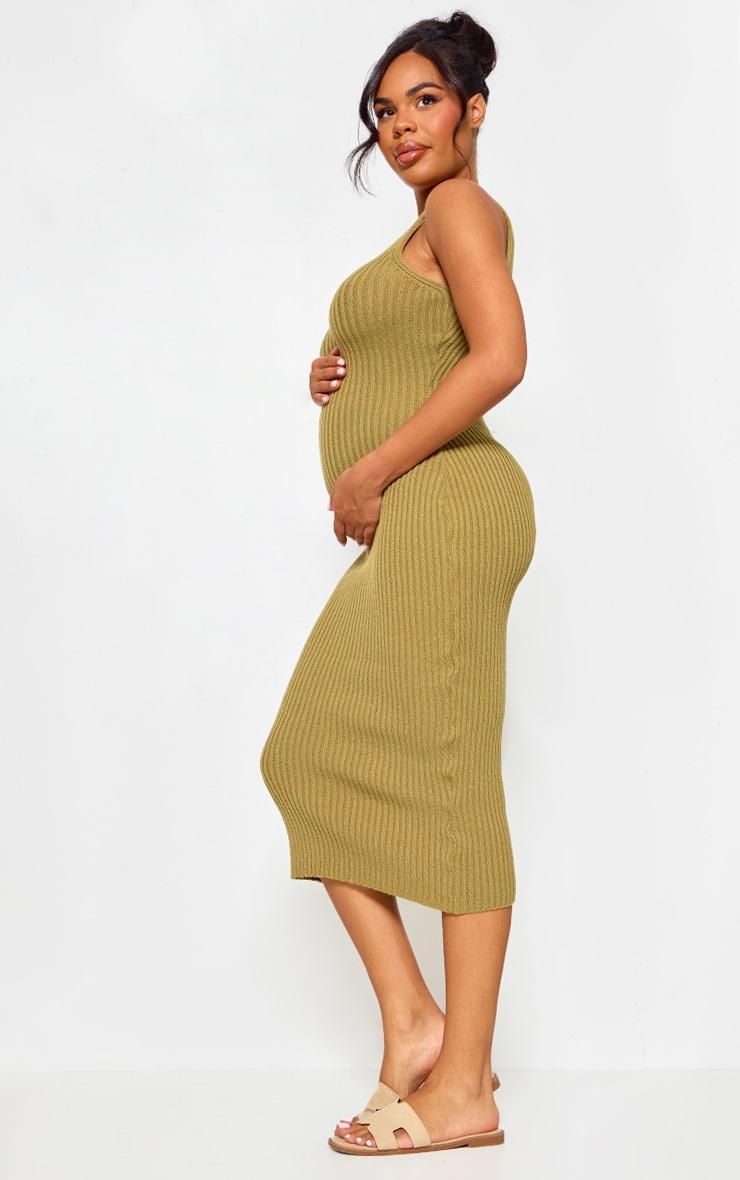 Maternity Khaki Knitted V Neck Midi Dress Product Image