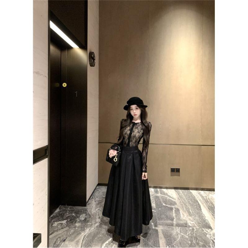 Long-Sleeve Floral Lace Top / High Rise Plain Inverted Pleated Maxi A-Line Skirt / Tube Top / Set Product Image