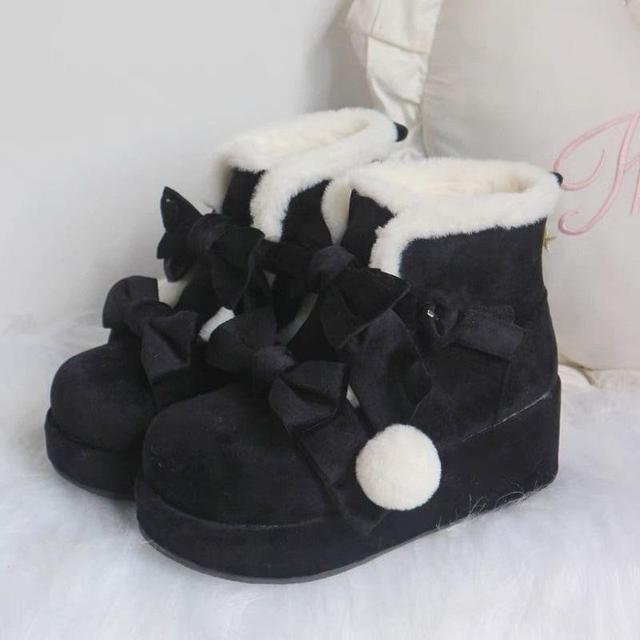 Platform Bow Pom Pom Heart Buckled Fleece-Lined Short Boots Product Image