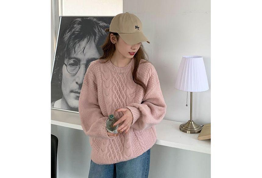 Long-Sleeve Plain Cable Knit Sweater Product Image