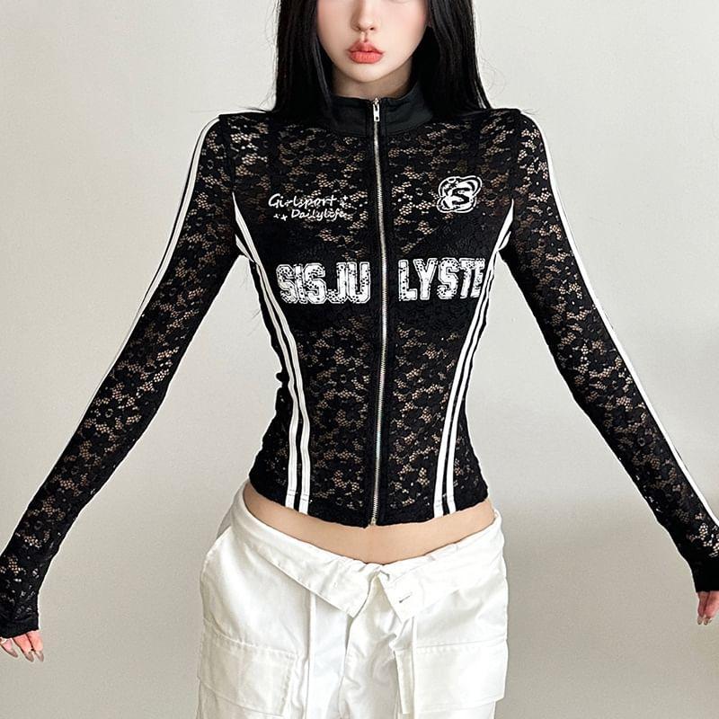 Stand Collar Lettering Print Striped Lace Zip Jacket Product Image