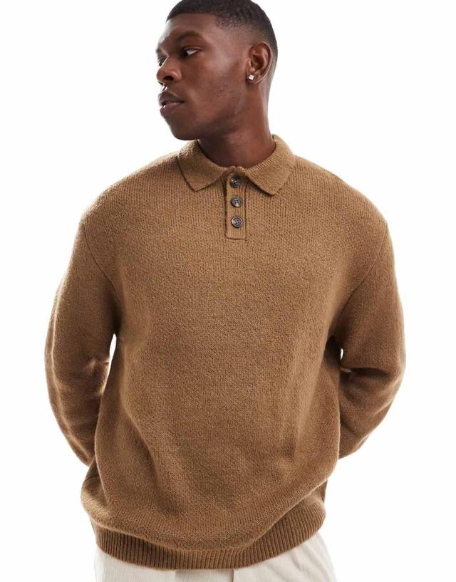 ASOS DESIGN oversized brushed knit polo shirt in brown Product Image