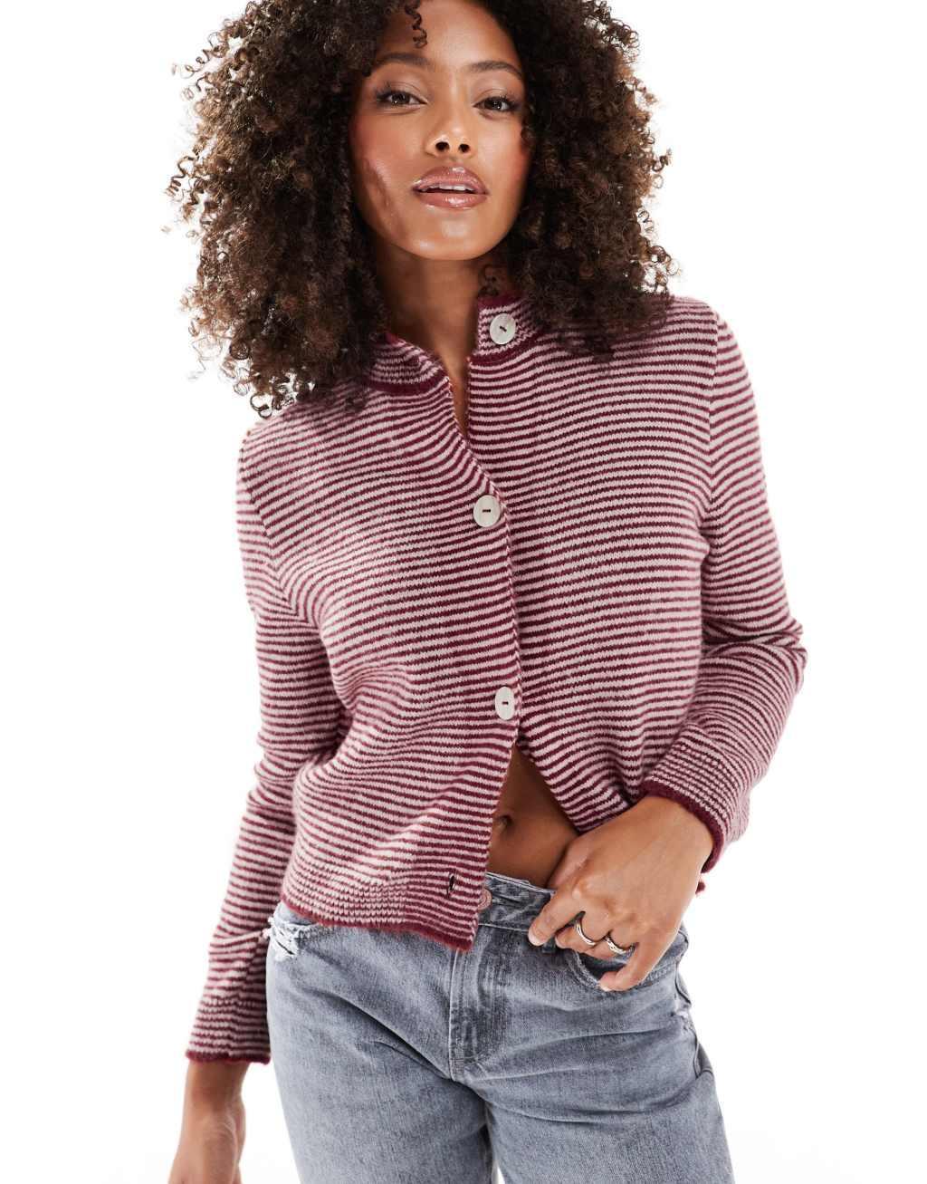 ASOS DESIGN knit crop crew neck cardigan in red and pink stripe Product Image