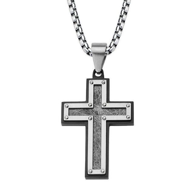 Mens Textured Black Stainless Steel Cross Pendant Necklace Two Tone Product Image