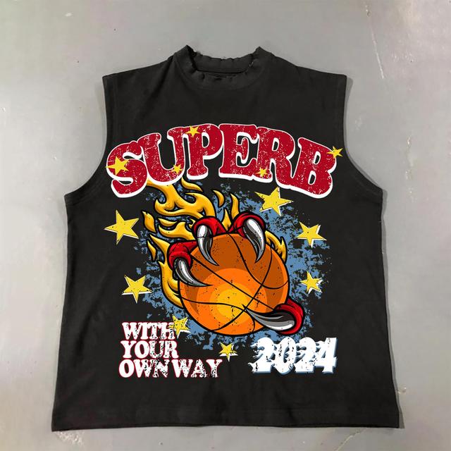 Men's Casual Street Basketball Fire Print Cotton Tank Top Product Image