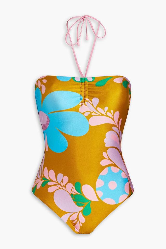 Floral-print Halterneck Swimsuit In Mustard Product Image