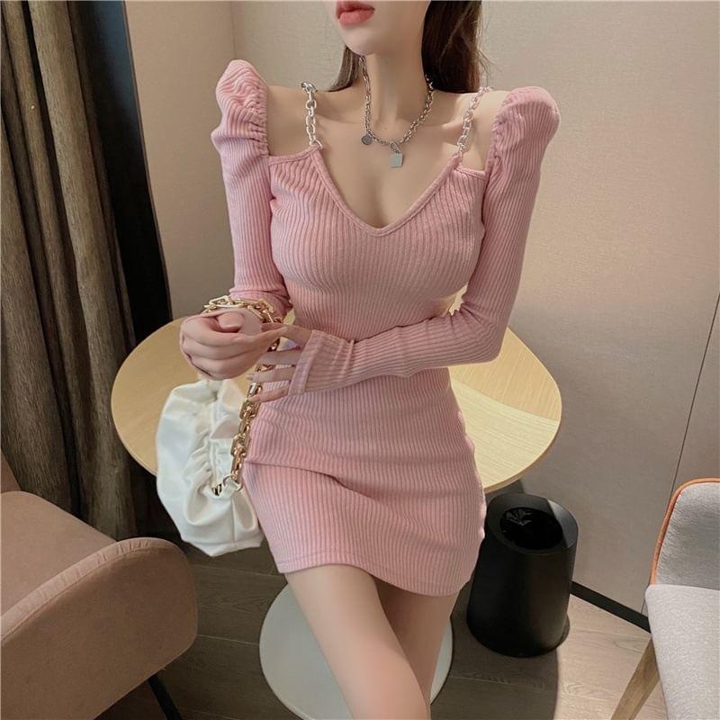 Long-Sleeve V-Neck Plain Chain Strap Ribbed Knit Mini Bodycon Dress Product Image